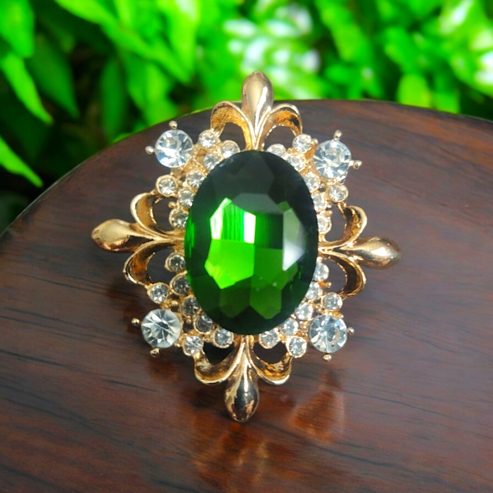 Ornate Green Peridot Rhinestone Brooch